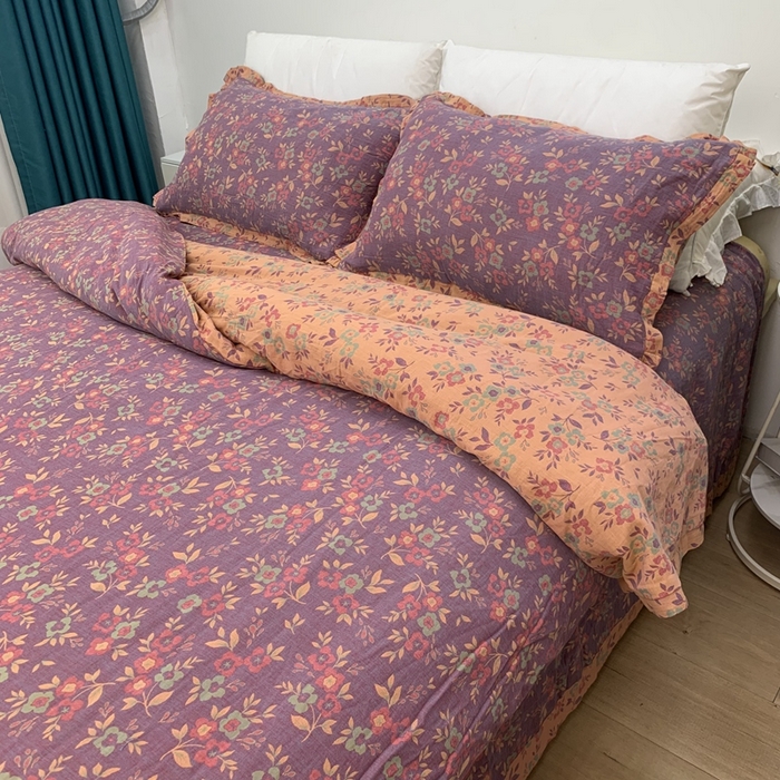 91家纺网 家纺一手货源 找家纺 鲁爱家纺供货 2025新款全棉色织双层纱花边款四件套 诗意-紫罗兰