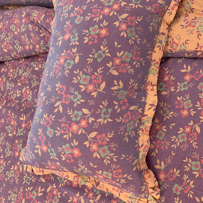 91家纺网 家纺一手货源 找家纺 鲁爱家纺供货 2025新款全棉色织双层纱花边款四件套 诗意-紫罗兰