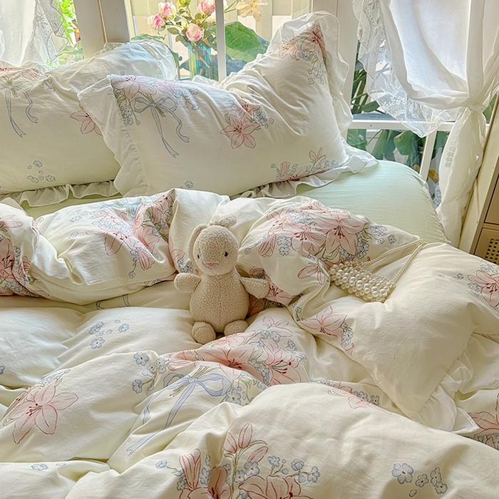 91家纺网 家纺一手货源 找家纺 家贝爱 2024新款南法风花边水洗棉四件套 南法风-花团锦簇