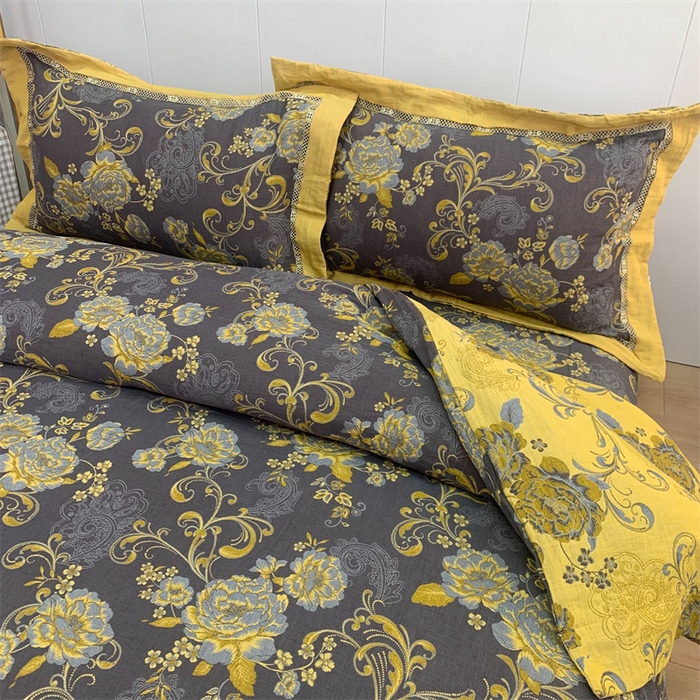 91家纺网 家纺一手货源 找家纺 鲁爱 2025新款全棉色织双层纱新款镂空四件套 陌上花开-黑金