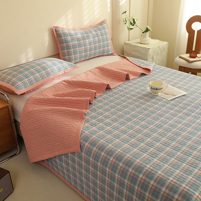 91家纺网 家纺一手货源 找家纺 棉小二 2024新款双面全棉色织水洗棉床盖三件套 达乐-蓝+小清香-粉