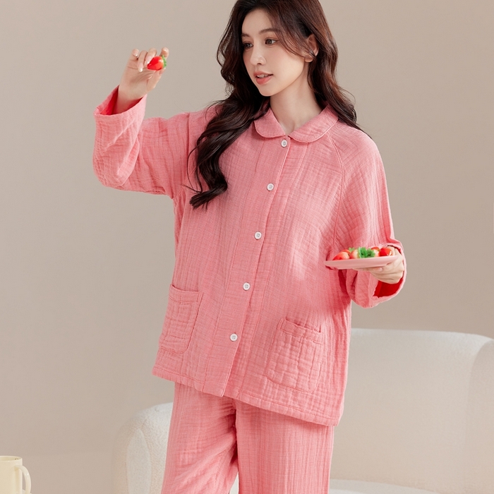 91家纺网 家纺一手货源 找家纺 玖弘家居 2025新款家居服系列-四层纱【控价 抖音118  视频号  99   小红书  118 】 深粉细格女