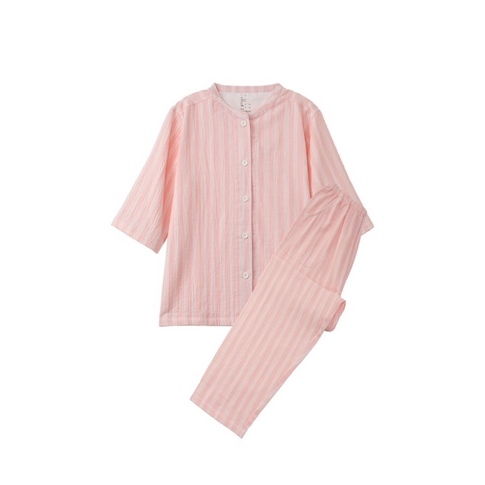 91家纺网 家纺一手货源 找家纺 玖弘家居 2024新款家居服系列-粉色条纹系列 粉条纹七分袖七分裤