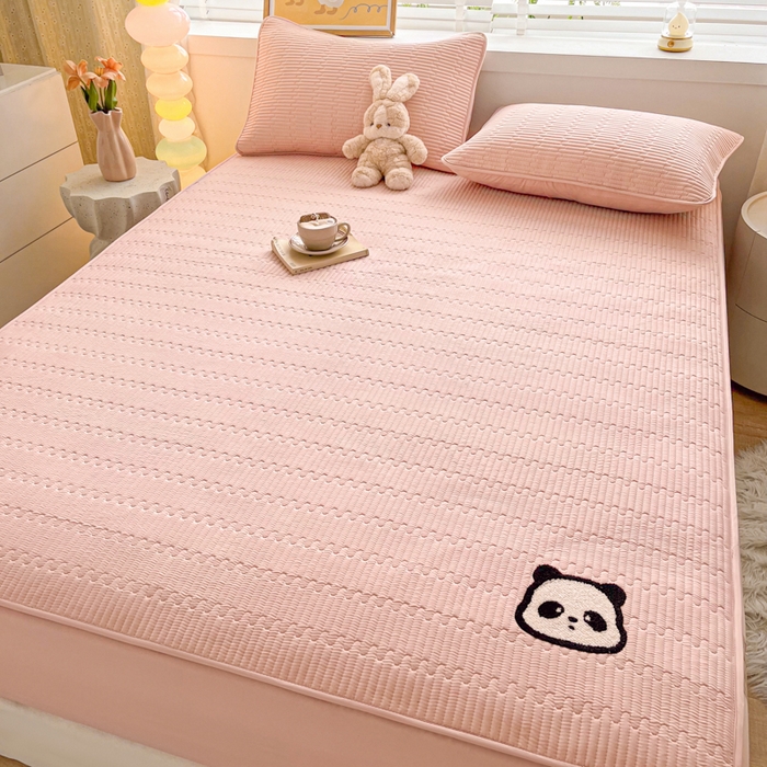 91家纺网 家纺一手货源 找家纺 芬晴家纺 2024新款A类母婴级毛巾绣夹棉床笠-萌猫-大床款 萌猫-豆沙粉