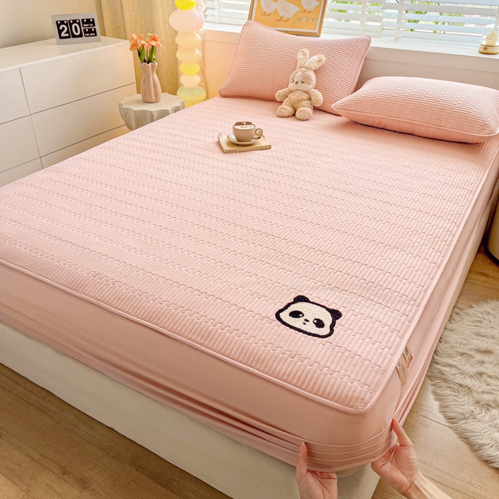 91家纺网 家纺一手货源 找家纺 芬晴家纺 2024新款A类母婴级毛巾绣夹棉床笠-萌猫-大床款 萌猫-豆沙粉