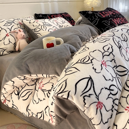 如一 2024新款A类高克重印花牛奶绒四件套 花意浓