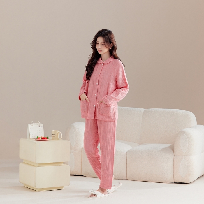 91家纺网 家纺一手货源 找家纺 玖弘家居 2025新款家居服系列-四层纱【控价 抖音118  视频号  99   小红书  118 】 深粉细格女