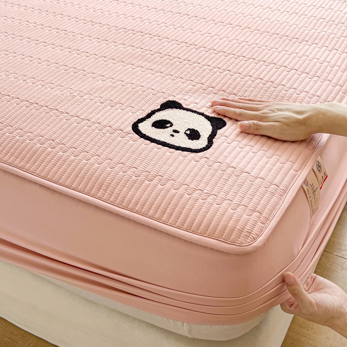 91家纺网 家纺一手货源 找家纺 芬晴家纺 2024新款A类母婴级毛巾绣夹棉床笠-萌猫-大床款 萌猫-豆沙粉