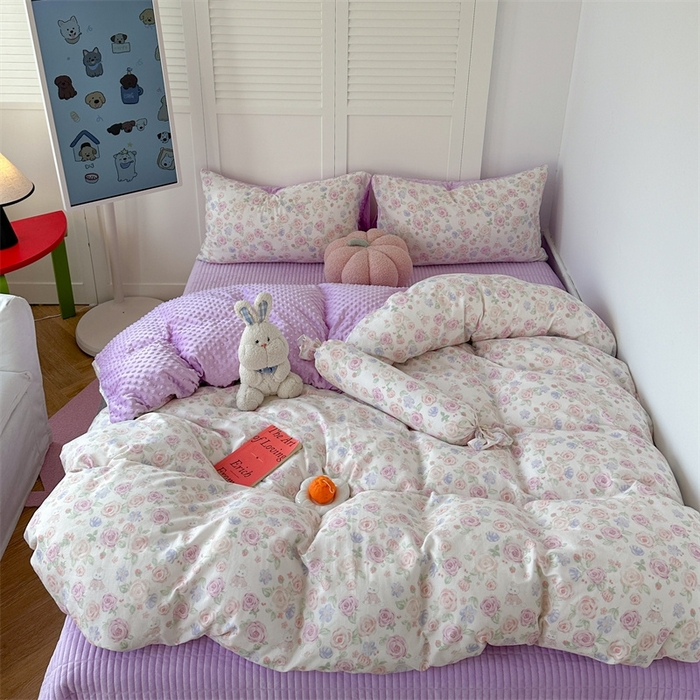 91家纺网 家纺一手货源 找家纺 柚子YOUTH 2024新款全棉双层纱豆豆婴儿绒床盖四件套 花园小猫