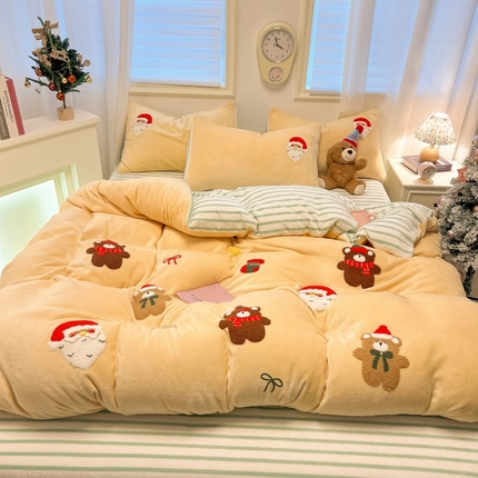 91家纺网 家纺一手货源 找家纺 （总）子钦家纺 2024秋冬新款加厚牛奶绒散点大版毛巾绣床单床笠四件套-圣诞系列拍法二