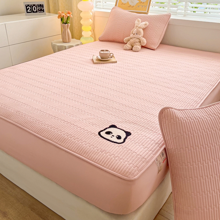 91家纺网 家纺一手货源 找家纺 芬晴家纺 2024新款A类母婴级毛巾绣夹棉床笠-萌猫-大床款 萌猫-豆沙粉