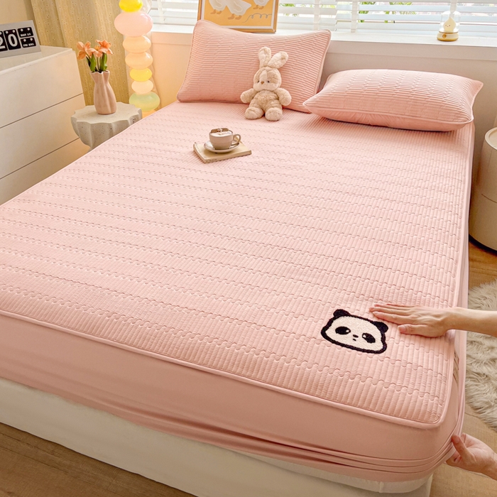 91家纺网 家纺一手货源 找家纺 芬晴家纺 2024新款A类母婴级毛巾绣夹棉床笠-萌猫-大床款 萌猫-豆沙粉