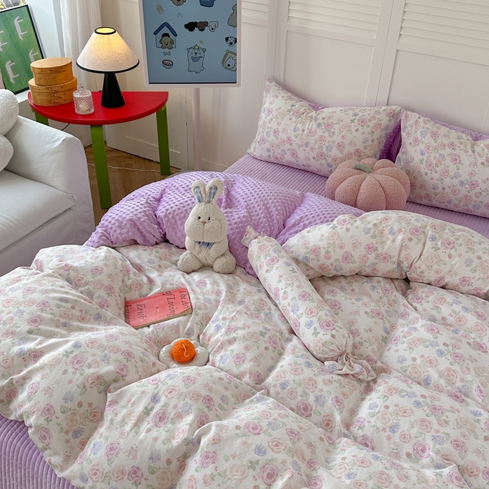 91家纺网 家纺一手货源 找家纺 柚子YOUTH 2024新款全棉双层纱豆豆婴儿绒床盖四件套 花园小猫