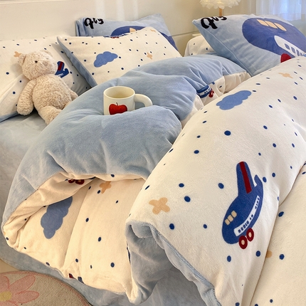 如一 2024新款A类高克重印花牛奶绒四件套 蓝飞机