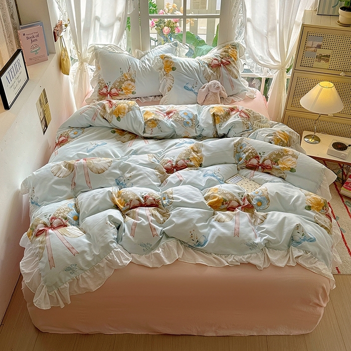 91家纺网 家纺一手货源 找家纺 阿曼达 2024新款ins博主风法式南法风浪漫系列花边款印花水洗m四件套 南法风-蝶恋花溪