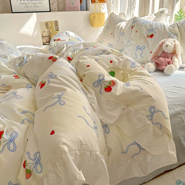 91家纺网 家纺一手货源 找家纺 阿曼达 2024新款ins博主风法式南法风浪漫系列花边款印花水洗m四件套 南法风-草莓乐园