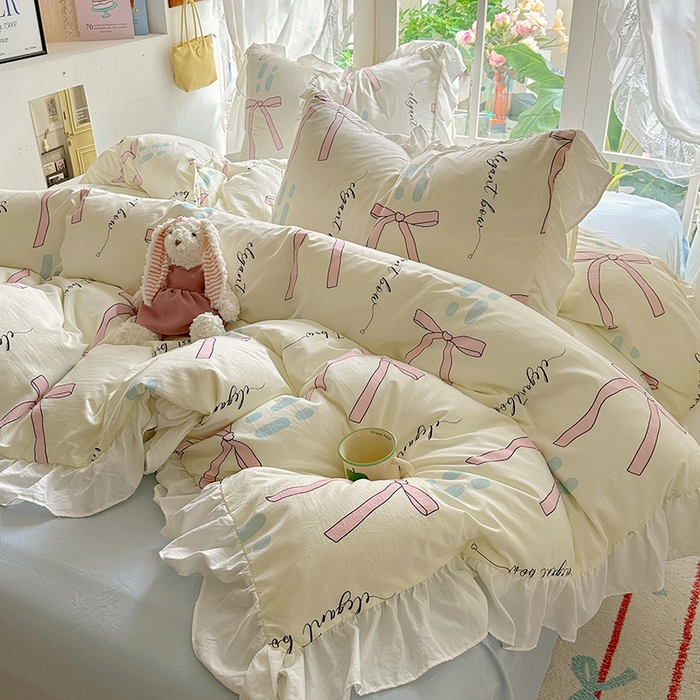 91家纺网 家纺一手货源 找家纺 阿曼达 2024新款ins博主风法式南法风浪漫系列花边款印花水洗m四件套 南法风-大蝴蝶结