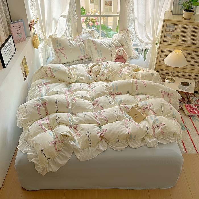 91家纺网 家纺一手货源 找家纺 阿曼达 2024新款ins博主风法式南法风浪漫系列花边款印花水洗m四件套 南法风-大蝴蝶结