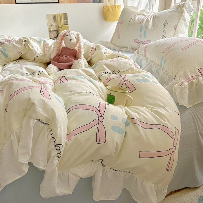 91家纺网 家纺一手货源 找家纺 阿曼达 2024新款ins博主风法式南法风浪漫系列花边款印花水洗m四件套 南法风-大蝴蝶结