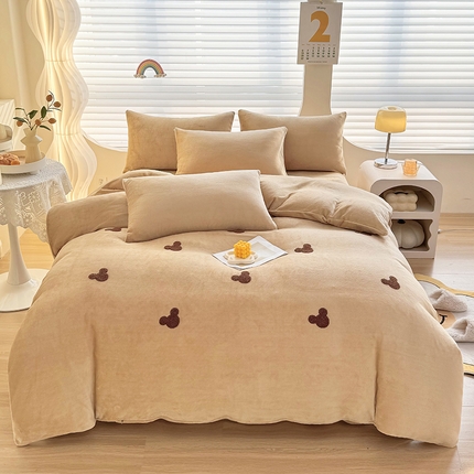 满羽家纺 2024爆款冬季加厚毛巾绣牛奶绒四件套可爱熊-奶咖