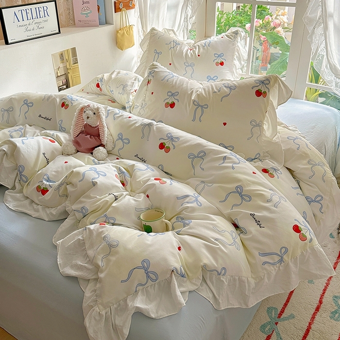 91家纺网 家纺一手货源 找家纺 阿曼达 2024新款ins博主风法式南法风浪漫系列花边款印花水洗m四件套 南法风-草莓乐园