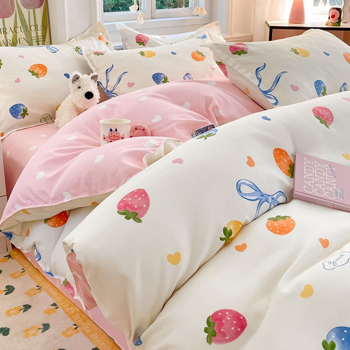 91家纺网 家纺一手货源 找家纺 世爵 2025新款磨毛印花单被套 奶油草莓