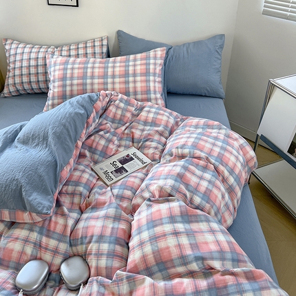 悦织湾家纺 2025新款日式简约格子系水洗棉床单款床笠款套件 宝贝-粉