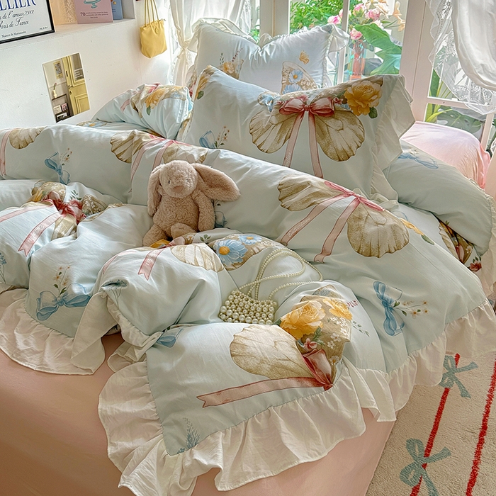 91家纺网 家纺一手货源 找家纺 阿曼达 2024新款ins博主风法式南法风浪漫系列花边款印花水洗m四件套 南法风-蝶恋花溪