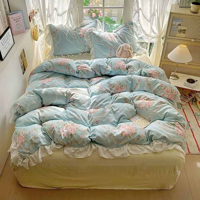 91家纺网 家纺一手货源 找家纺 阿曼达 2024新款ins博主风法式南法风浪漫系列花边款印花水洗m四件套 南法风-繁花