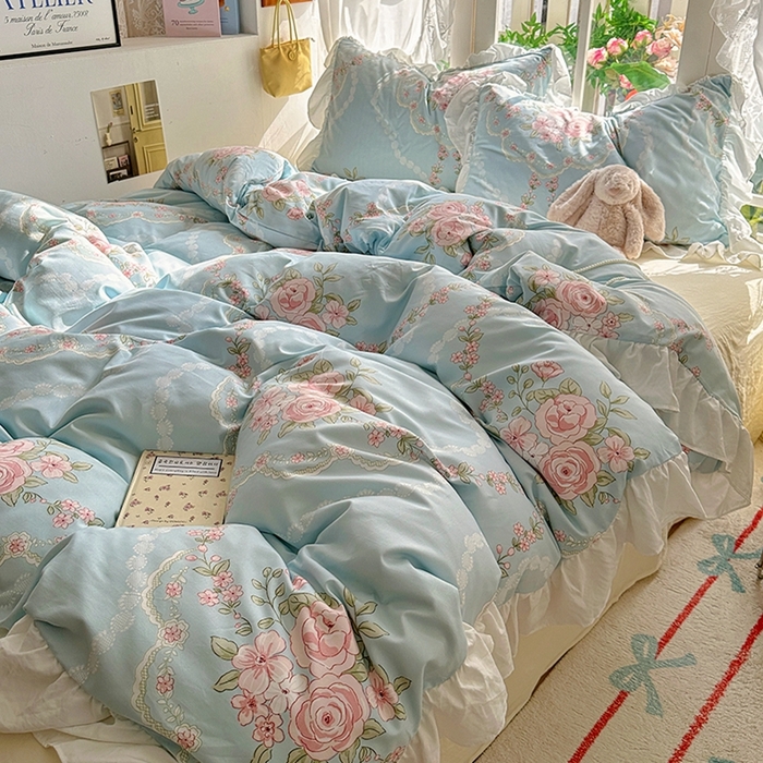 91家纺网 家纺一手货源 找家纺 阿曼达 2024新款ins博主风法式南法风浪漫系列花边款印花水洗m四件套 南法风-繁花