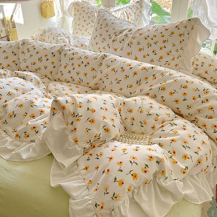 91家纺网 家纺一手货源 找家纺 阿曼达 2024新款ins博主风法式南法风浪漫系列花边款印花水洗m四件套 南法风-恋人黄