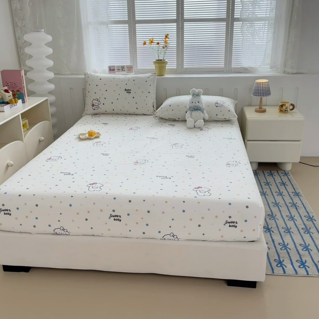 91家纺网 家纺一手货源 找家纺 多品家纺 2024新款超柔水洗棉ins风单品床笠 波点狗