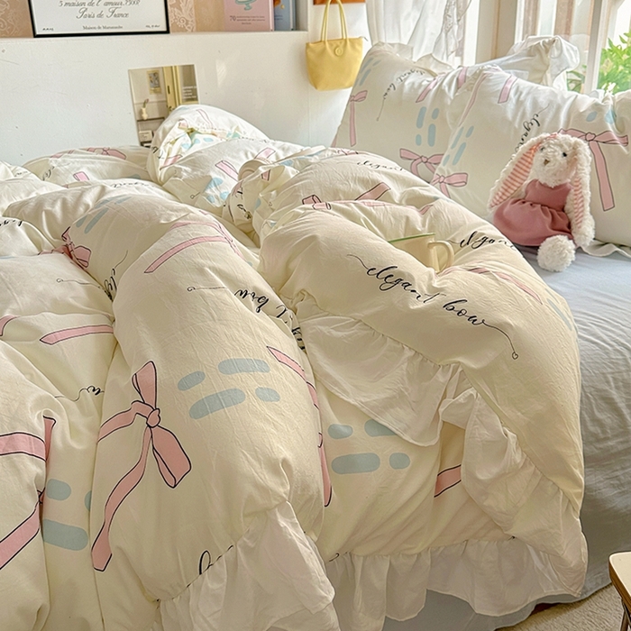 91家纺网 家纺一手货源 找家纺 阿曼达 2024新款ins博主风法式南法风浪漫系列花边款印花水洗m四件套 南法风-大蝴蝶结