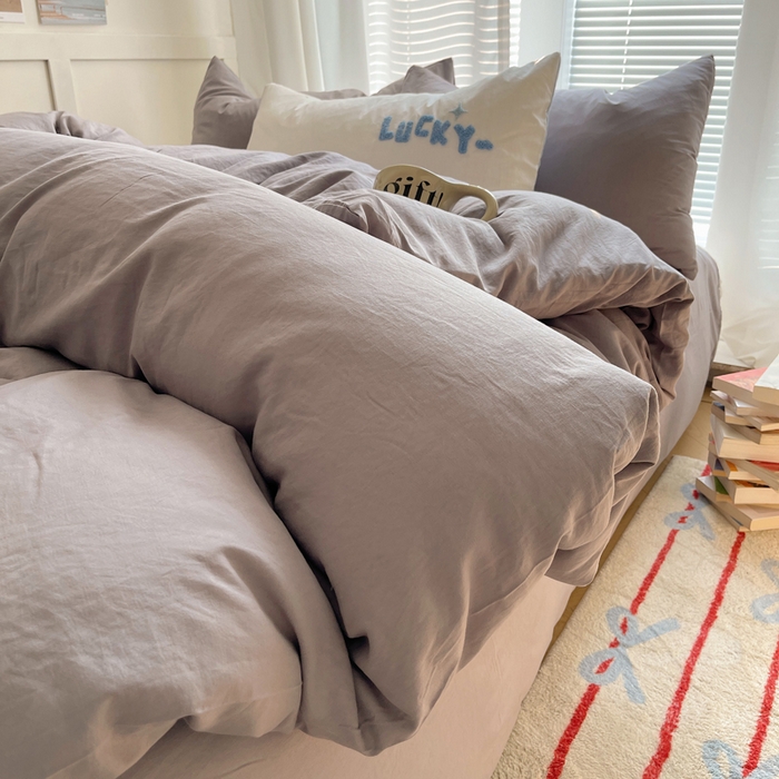 91家纺网 家纺一手货源 找家纺 阿曼达 2024最新款奶fufu-ins博主风纯色、混搭、双色软软糯糯亲肤透气水洗m四件套（软糯舒适，非市场普通面料！！！）水洗m-浅灰色