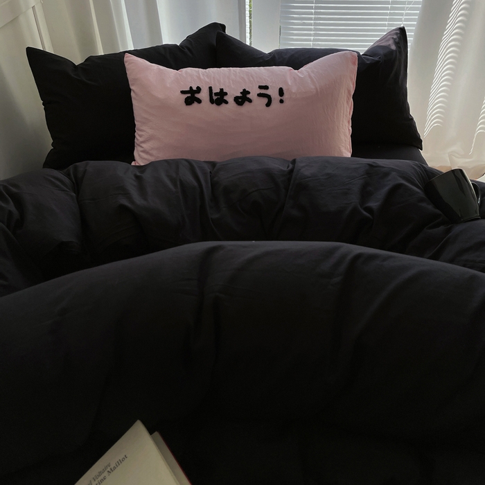 91家纺网 家纺一手货源 找家纺 阿曼达 2024最新款奶fufu-ins博主风纯色、混搭、双色软软糯糯亲肤透气水洗m四件套（软糯舒适，非市场普通面料！！！）水洗m-酷黑