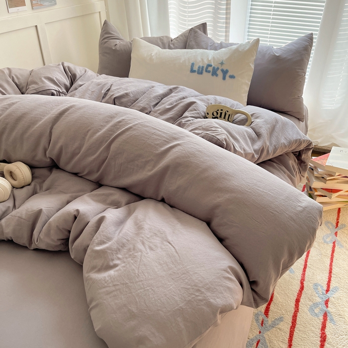 91家纺网 家纺一手货源 找家纺 阿曼达 2024最新款奶fufu-ins博主风纯色、混搭、双色软软糯糯亲肤透气水洗m四件套（软糯舒适，非市场普通面料！！！）水洗m-浅灰色