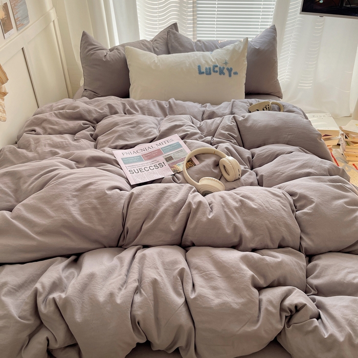 91家纺网 家纺一手货源 找家纺 阿曼达 2024最新款奶fufu-ins博主风纯色、混搭、双色软软糯糯亲肤透气水洗m四件套（软糯舒适，非市场普通面料！！！）水洗m-浅灰色