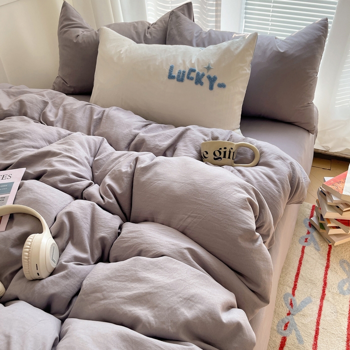 91家纺网 家纺一手货源 找家纺 阿曼达 2024最新款奶fufu-ins博主风纯色、混搭、双色软软糯糯亲肤透气水洗m四件套（软糯舒适，非市场普通面料！！！）水洗m-浅灰色