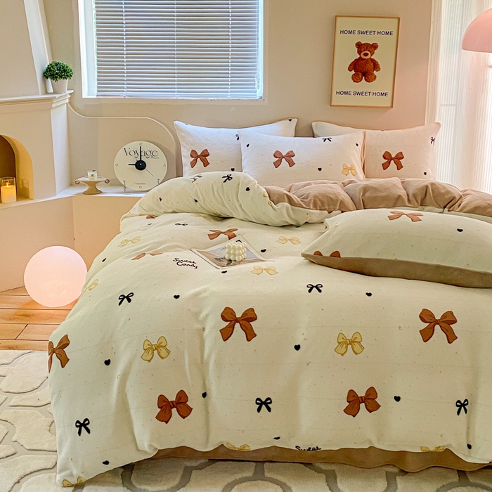 91家纺网 家纺一手货源 找家纺 斯卡诺家纺 2024新款小清新双面牛奶绒印花四件套 蝴蝶结