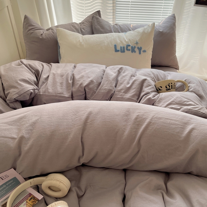 91家纺网 家纺一手货源 找家纺 阿曼达 2024最新款奶fufu-ins博主风纯色、混搭、双色软软糯糯亲肤透气水洗m四件套（软糯舒适，非市场普通面料！！！）水洗m-浅灰色