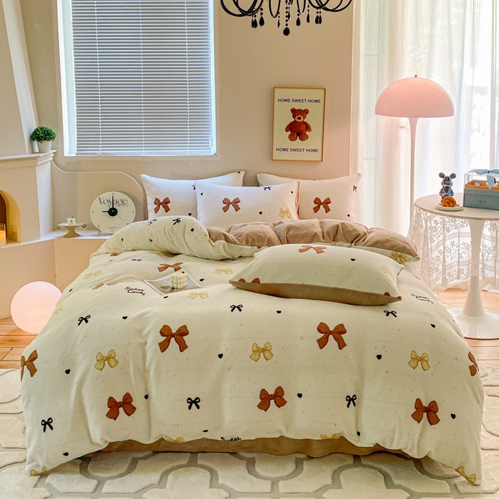 91家纺网 家纺一手货源 找家纺 斯卡诺家纺 2024新款小清新双面牛奶绒印花四件套 蝴蝶结