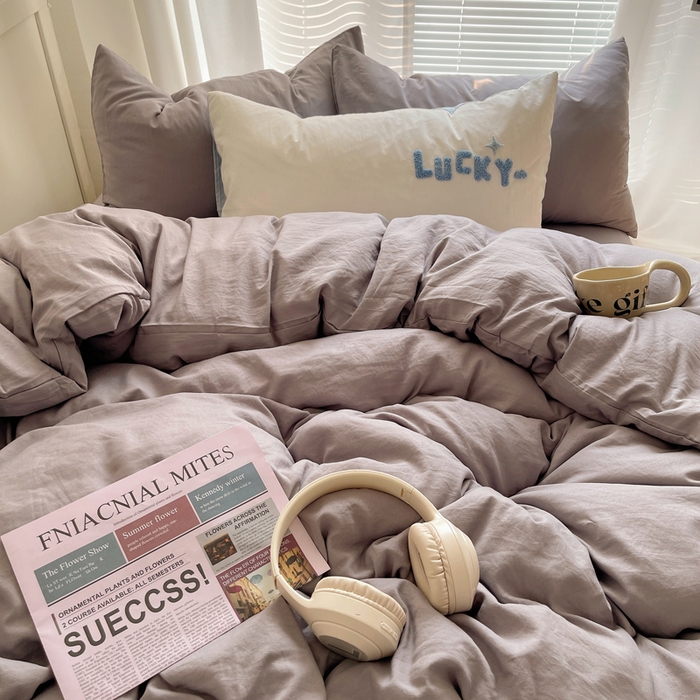 91家纺网 家纺一手货源 找家纺 阿曼达 2024最新款奶fufu-ins博主风纯色、混搭、双色软软糯糯亲肤透气水洗m四件套（软糯舒适，非市场普通面料！！！）水洗m-浅灰色