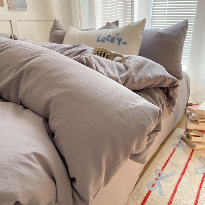 91家纺网 家纺一手货源 找家纺 阿曼达 2024最新款奶fufu-ins博主风纯色、混搭、双色软软糯糯亲肤透气水洗m四件套（软糯舒适，非市场普通面料！！！）水洗m-浅灰色