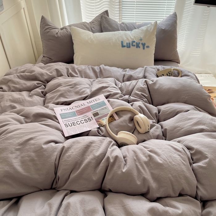 91家纺网 家纺一手货源 找家纺 阿曼达 2024最新款奶fufu-ins博主风纯色、混搭、双色软软糯糯亲肤透气水洗m四件套（软糯舒适，非市场普通面料！！！）水洗m-浅灰色