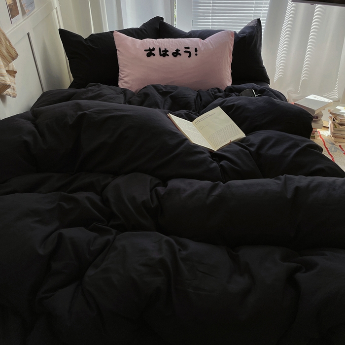 91家纺网 家纺一手货源 找家纺 阿曼达 2024最新款奶fufu-ins博主风纯色、混搭、双色软软糯糯亲肤透气水洗m四件套（软糯舒适，非市场普通面料！！！）水洗m-酷黑