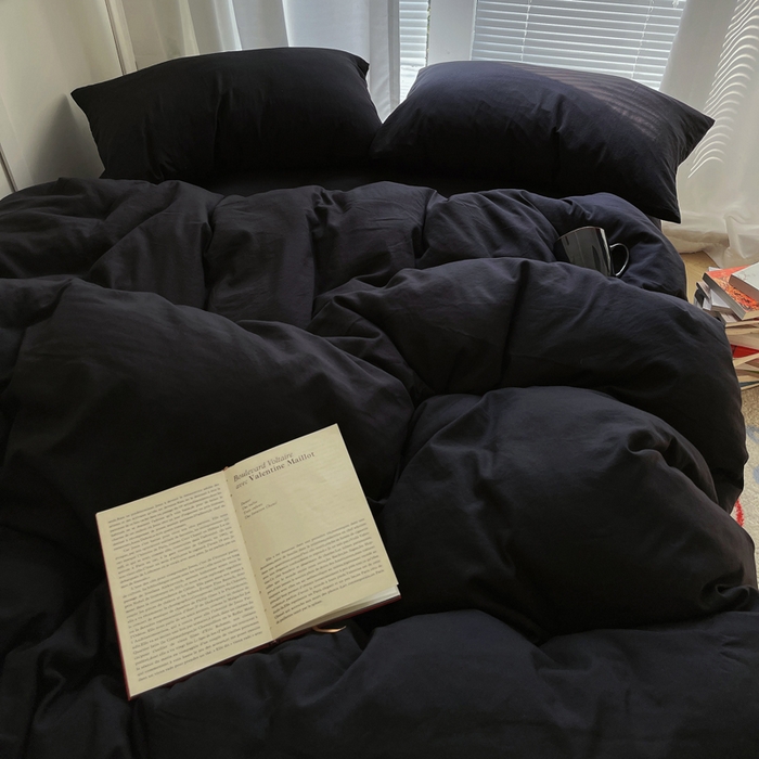 91家纺网 家纺一手货源 找家纺 阿曼达 2024最新款奶fufu-ins博主风纯色、混搭、双色软软糯糯亲肤透气水洗m四件套（软糯舒适，非市场普通面料！！！）水洗m-酷黑