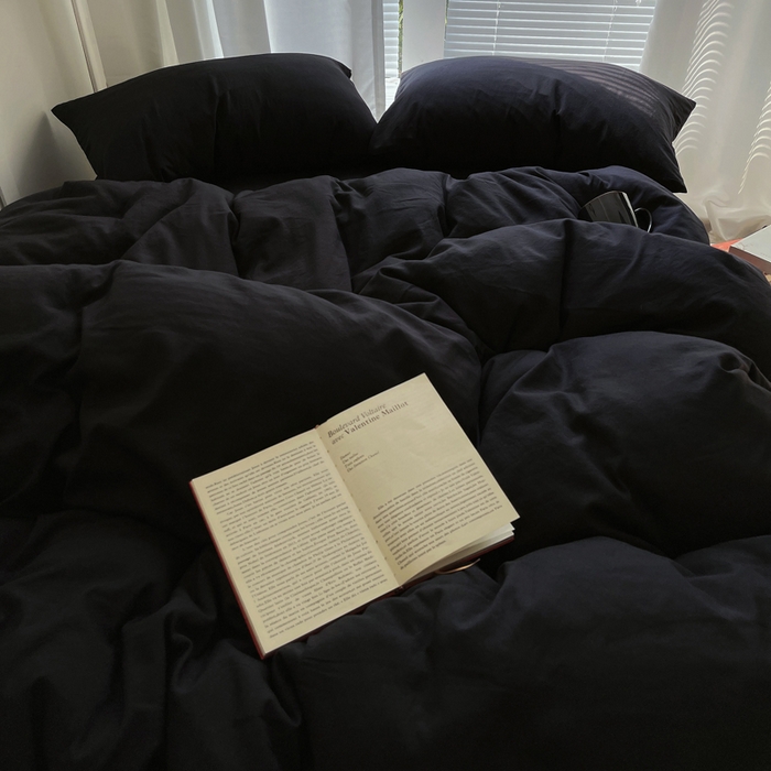 91家纺网 家纺一手货源 找家纺 阿曼达 2024最新款奶fufu-ins博主风纯色、混搭、双色软软糯糯亲肤透气水洗m四件套（软糯舒适，非市场普通面料！！！）水洗m-酷黑