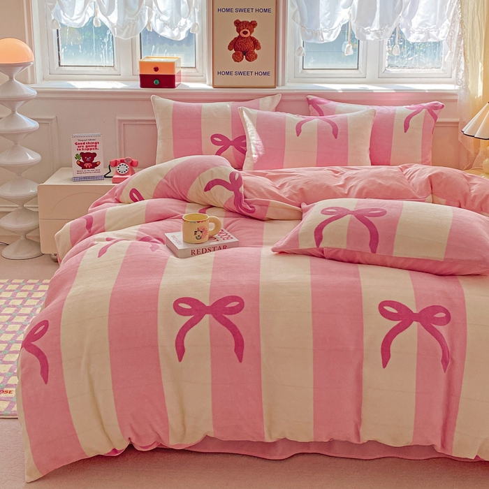 91家纺网 家纺一手货源 找家纺 斯卡诺家纺 2024新款小清新双面牛奶绒印花四件套 蝶舞粉