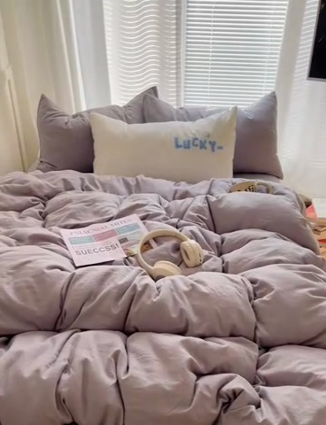 91家纺网 家纺一手货源 找家纺 阿曼达 2024最新款奶fufu-ins博主风纯色、混搭、双色软软糯糯亲肤透气水洗m四件套（软糯舒适，非市场普通面料！！！）水洗m-浅灰色