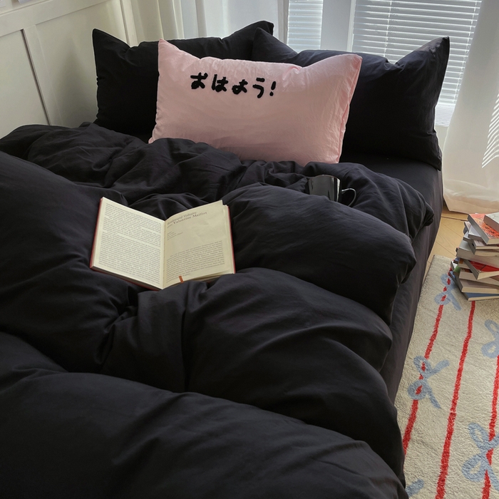 91家纺网 家纺一手货源 找家纺 阿曼达 2024最新款奶fufu-ins博主风纯色、混搭、双色软软糯糯亲肤透气水洗m四件套（软糯舒适，非市场普通面料！！！）水洗m-酷黑